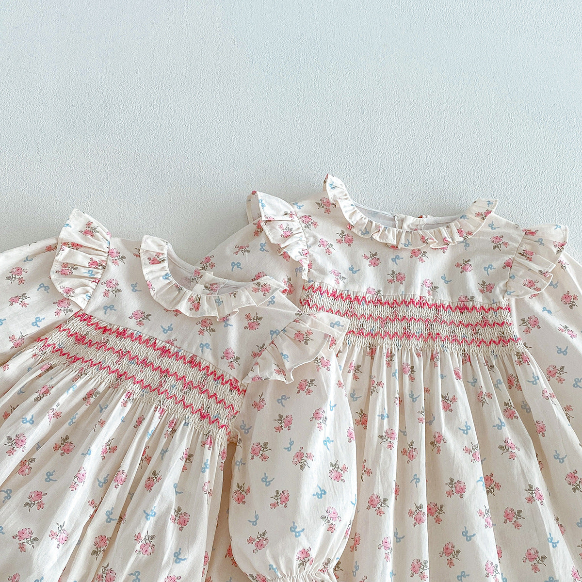 (Pre Order 2 Weeks)Sisters Fall Floral Print Smocked Dress&Romper