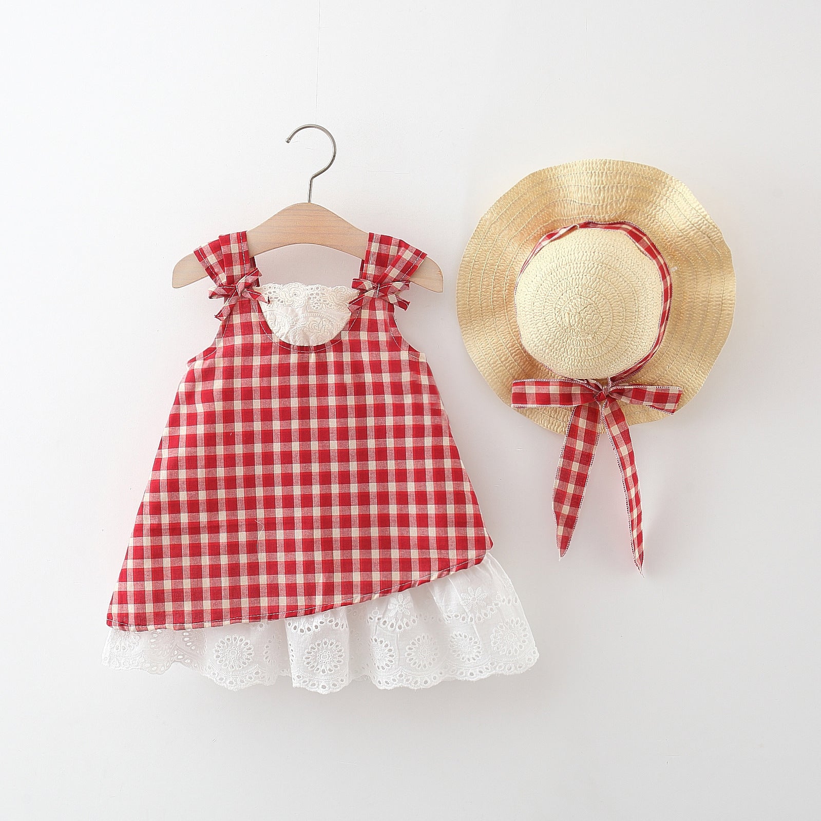 (In Production)Girls Spring and Summer Red Plaid Dress with Straw Hat