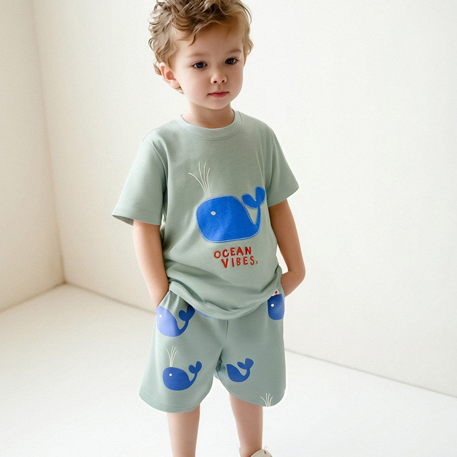 (In Production)Boys Spring&Summer Whale Applique Cotton Shorts Set