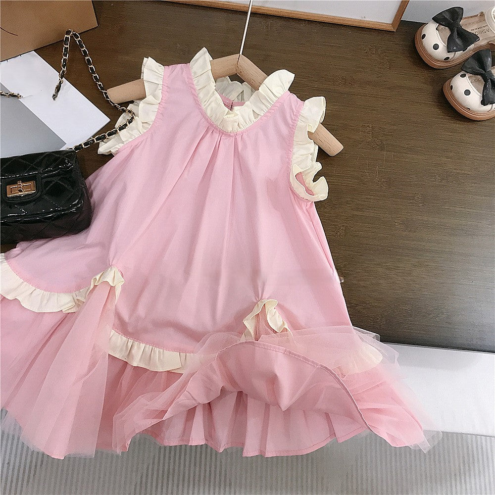 (In Production)Girls Spring&Summer Pink Ruffle Gauzy Dress