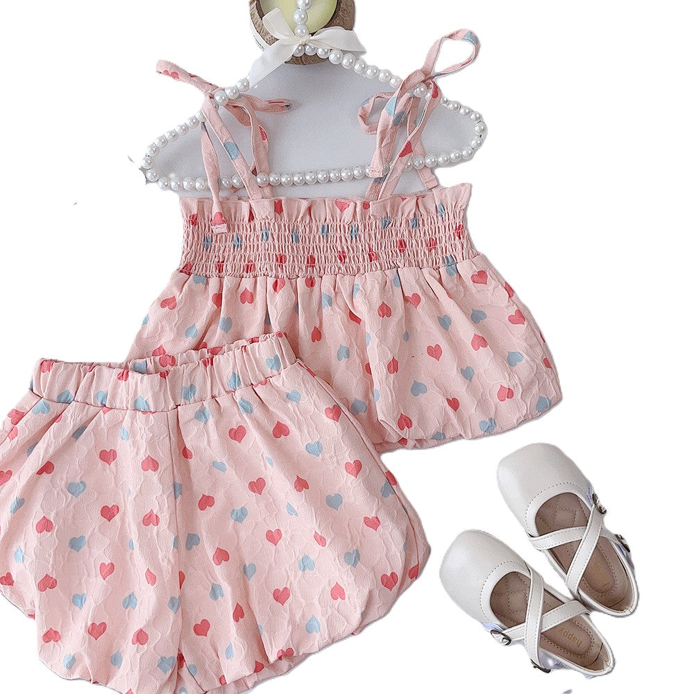 (In Production)Girls Spring and Summer Heart Print Smocked Shorts Set