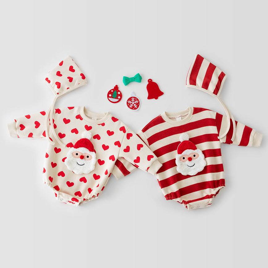 (Pre Order)Kids Christmas Applique Stripe Heart Romper Set with Hat