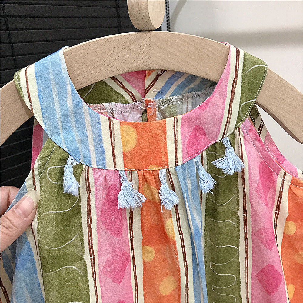 (In Production)Girls Spring&Summer Striped Fringed Dress