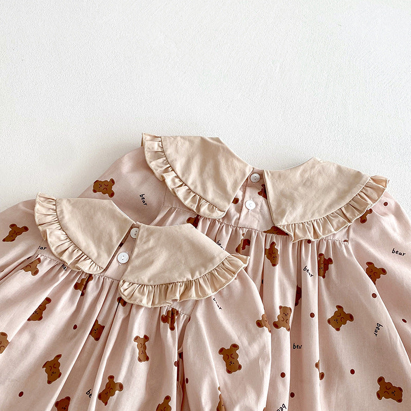 (Pre Order 2 Weeks)Sisters Fall Bear Print Collar Dress&Romper
