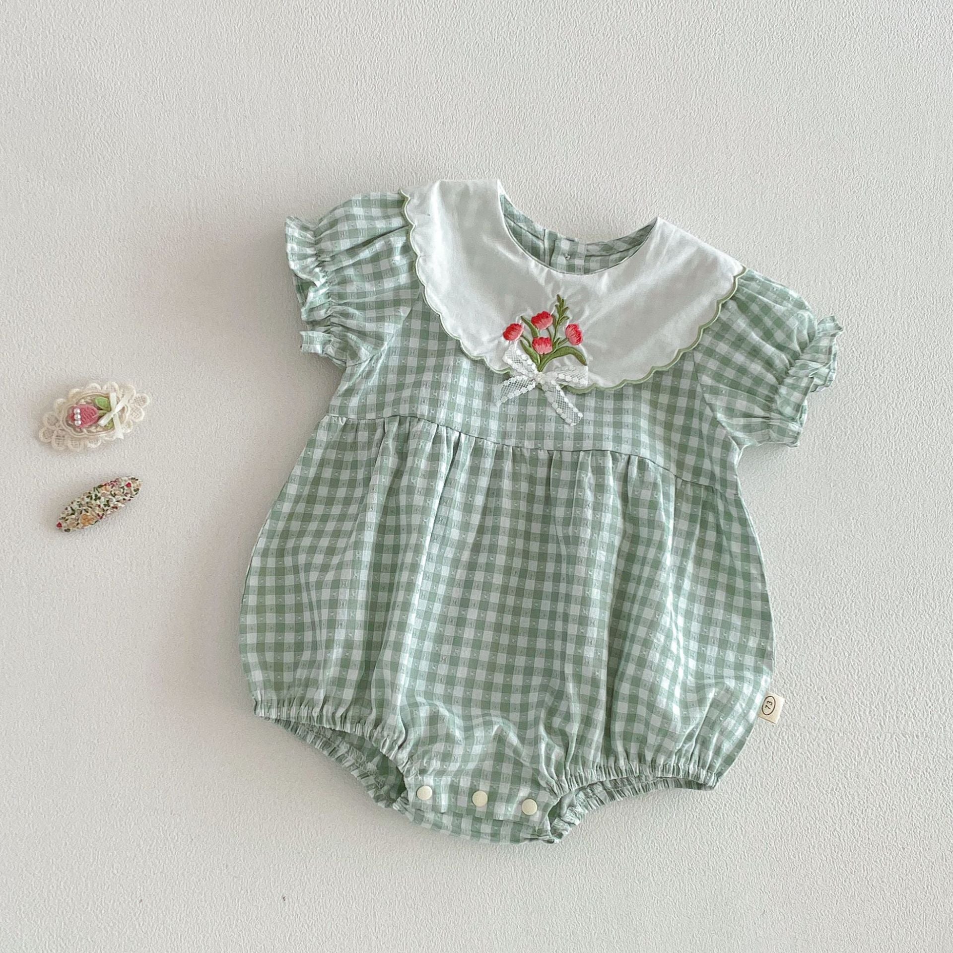 (In Production)Sisters Summer Floral Embroidery Scallop Collar Dress&Romper
