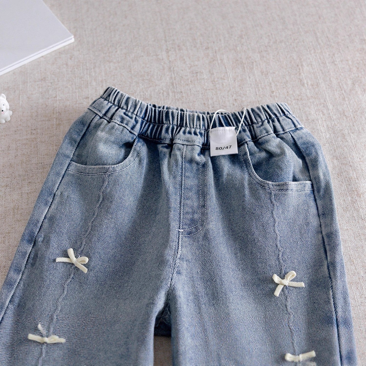 (In Production)Girls Spring&Summer Bow Lace Denim Flared Pants