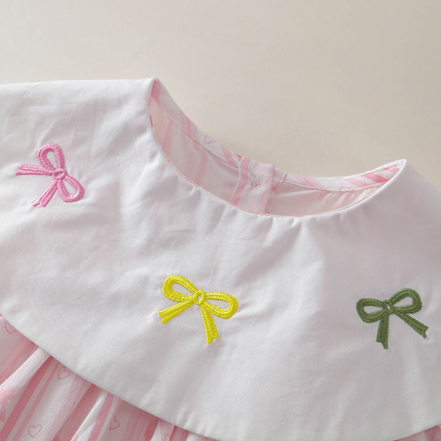 (In Production)Girls Bow Embroidery Pink Dress