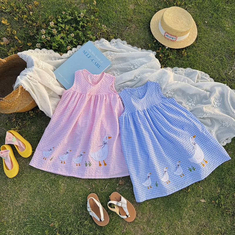 (In Production)Girls Spring&Summer Goose Applique Plaid Dress