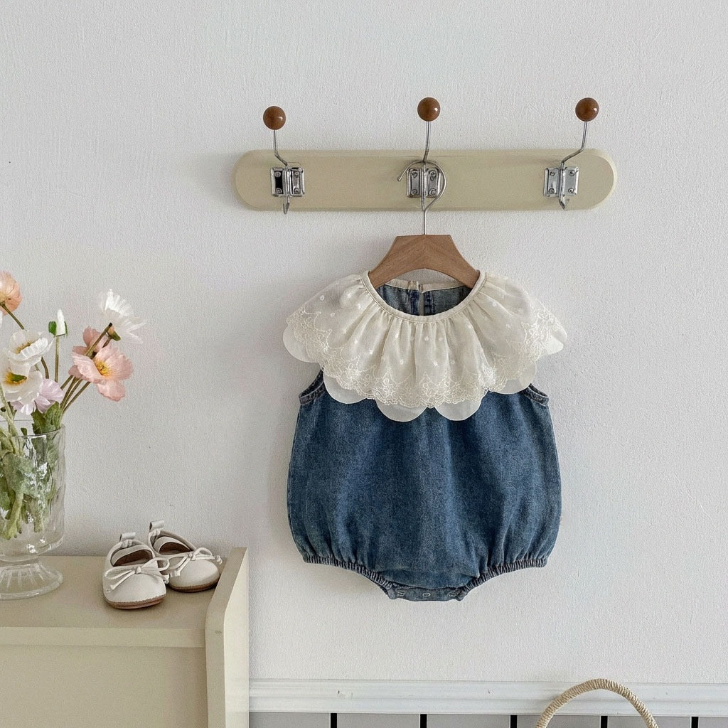 (In Production)Toddler Girls Spring&Summer Denim Lace Romper