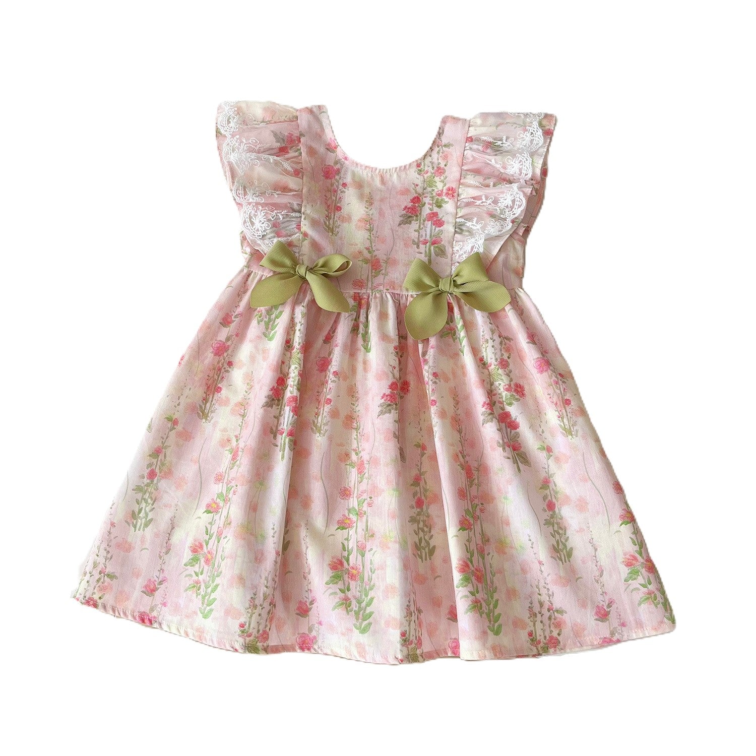 (Pre Order)Girls Spring and Summer Floral Print Green Bow Dress