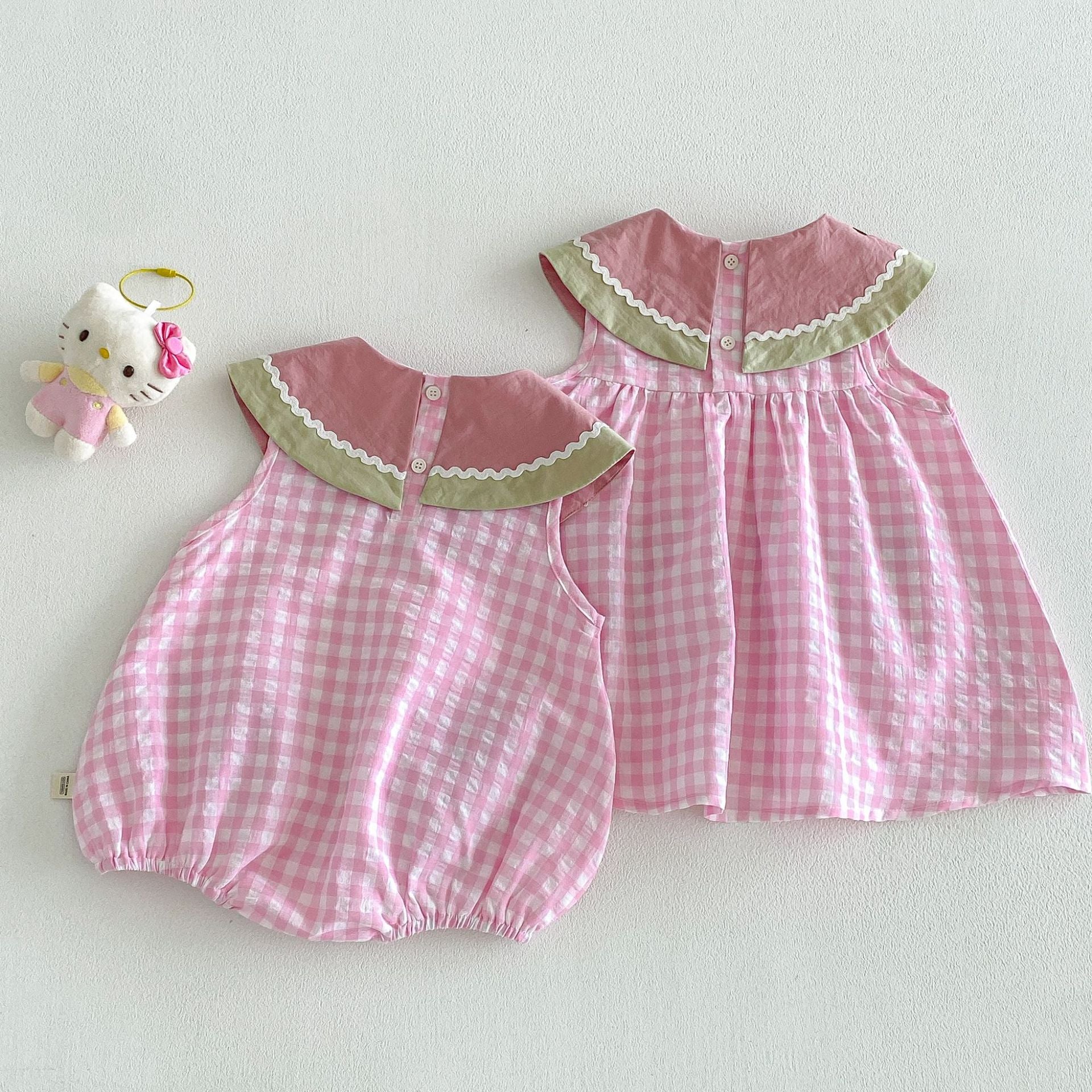 (In Production)Sisters Summer Watermelon Embroidery Scallop Dress&Romper with Pockets
