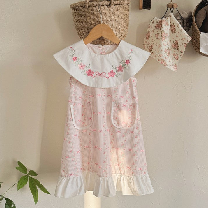 (In Production)Girls Spring&Summer Floral Embroidery Dress with Pockets