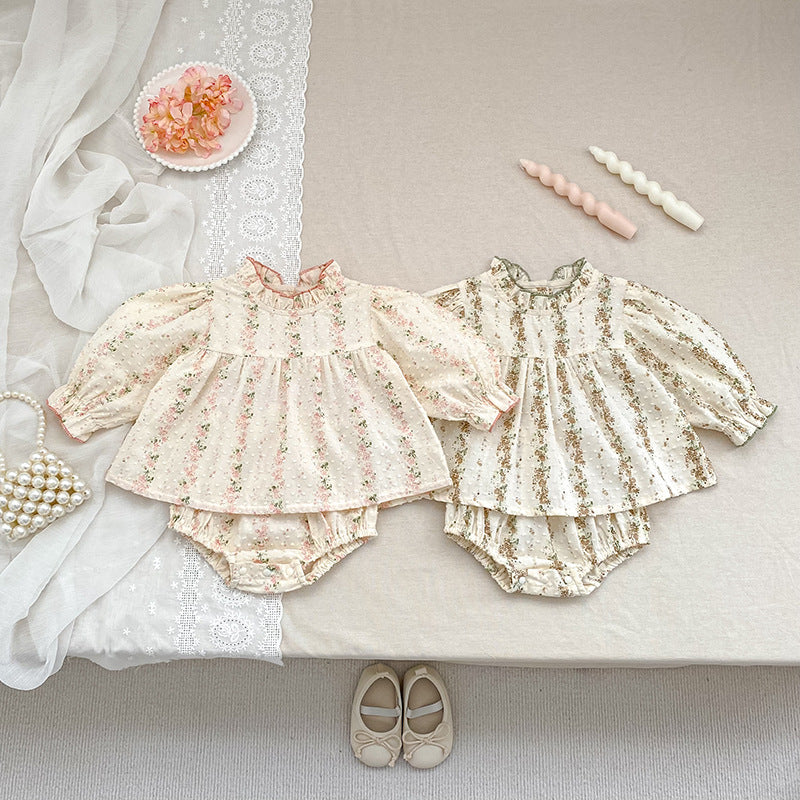 (In Production)Toddler Girls Spring&Summer Floral Print Swiss Dot Bloomer Set