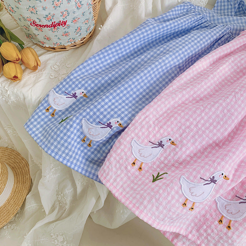 (In Production)Girls Spring&Summer Goose Applique Plaid Dress
