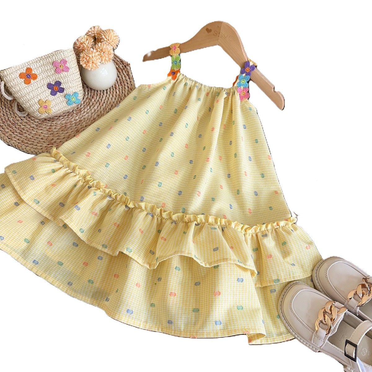 (Pre Order)Girls Spring and Summer Colorful Polka Dot Yellow Slip Dress with Bag