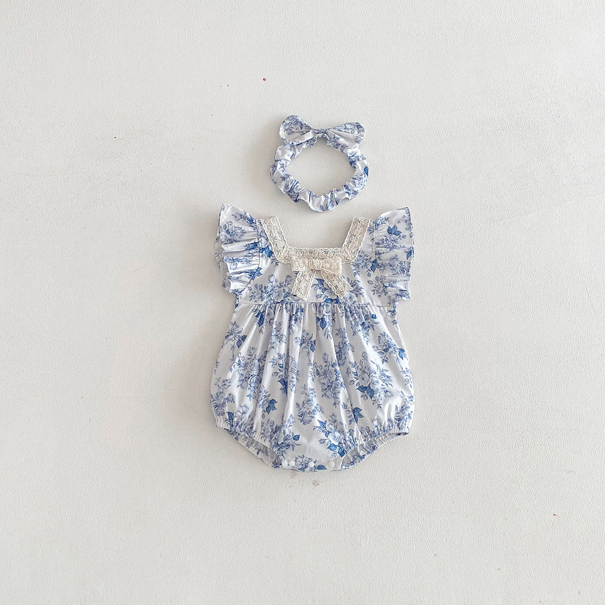 (In Production)Sisters Spring&Summer Blue Floral Print Dress,Romper