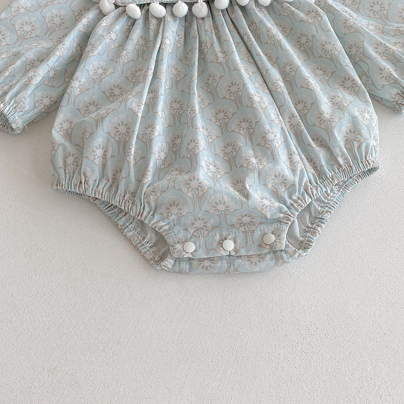 (Pre Order 2 Weeks)Sisters Fall Vintage Blue Print Pom Pom Collar Dress&Romper