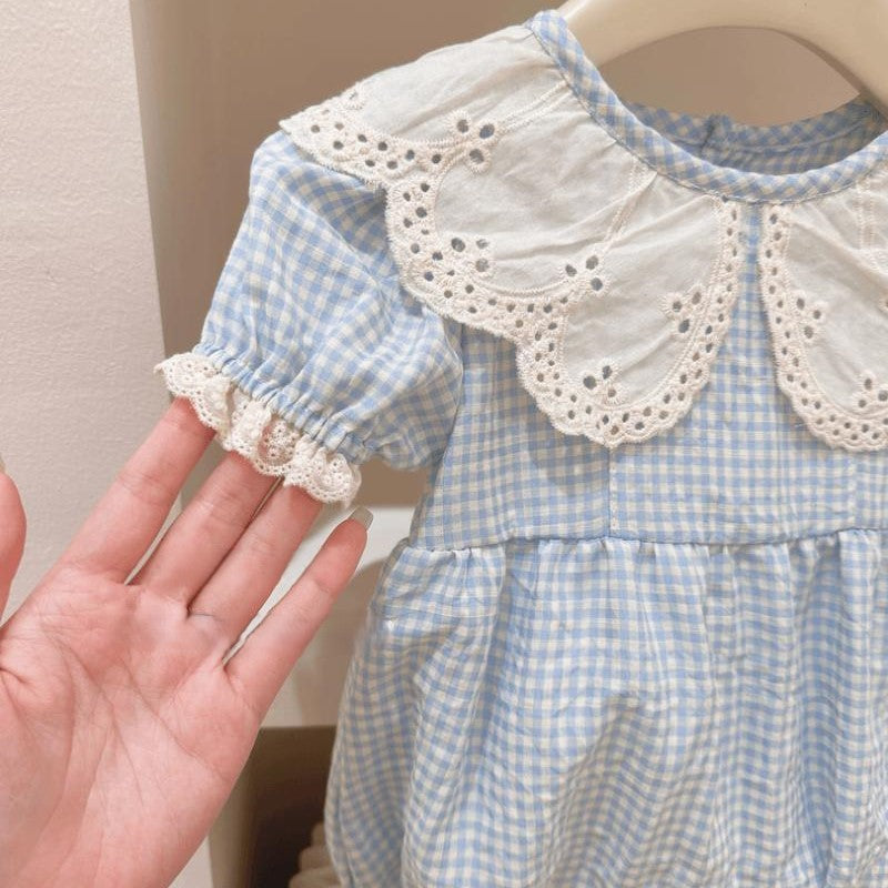(In Production)Toddler Girls Spring&Summer Cotton Blue Plaid Romper