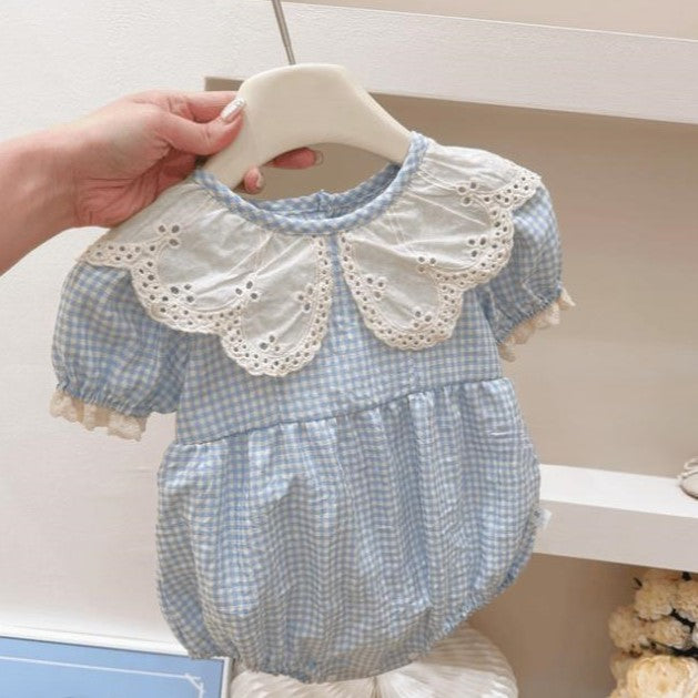 (In Production)Toddler Girls Spring&Summer Cotton Blue Plaid Romper