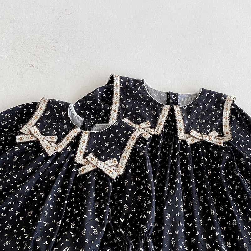(In Production)Sisters Fall Floral Print Bow Dress&Romper