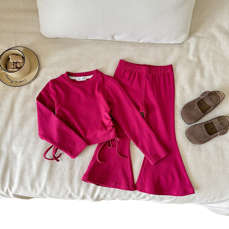 (In Production)Girls Fall&Winter Solid Color Top Flare Pants Set