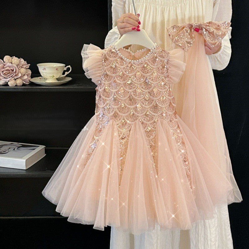 (In Production)Girls Spring&Summer Mermaid Sequin Tulle Dress with Veil