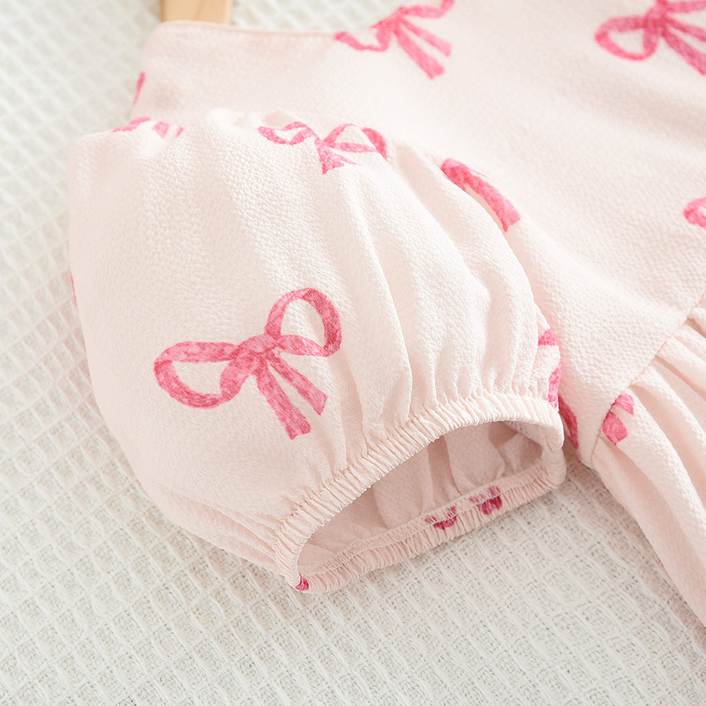 (In Production)Girls Spring and Summer Bow Print Puffed Sleeves Dress