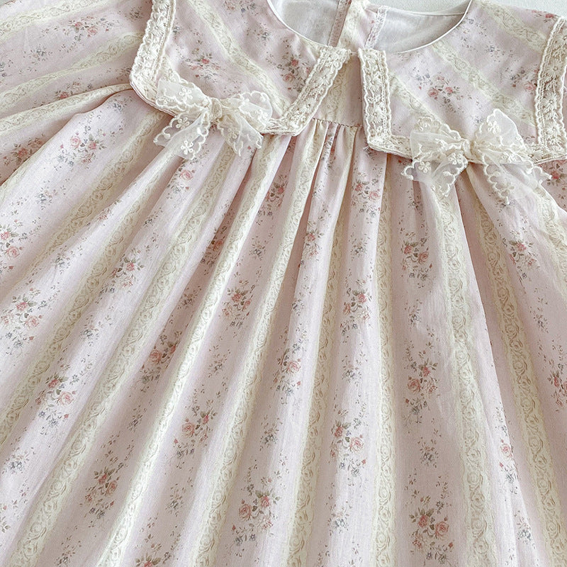 (In Production)Sisters Fall Floral Print Lace Bow Ruffle Dress&Romper