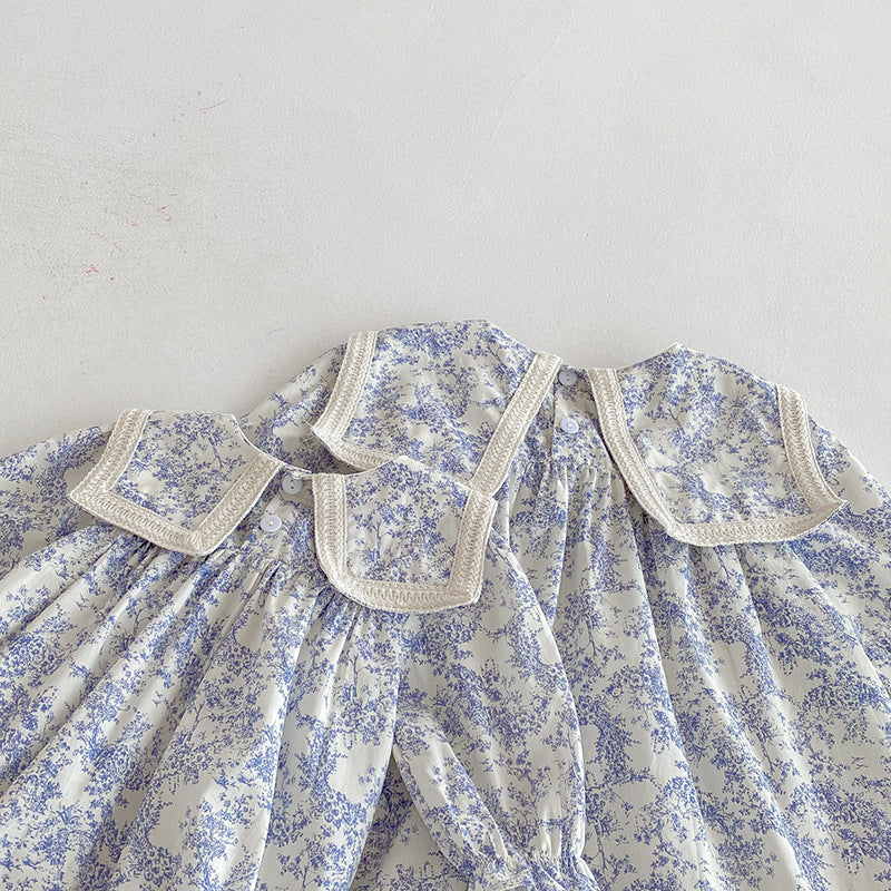 (Pre Order 2 Weeks)Sisters Fall Floral Print Lace Collar Bow Ruffle Dress&Romper