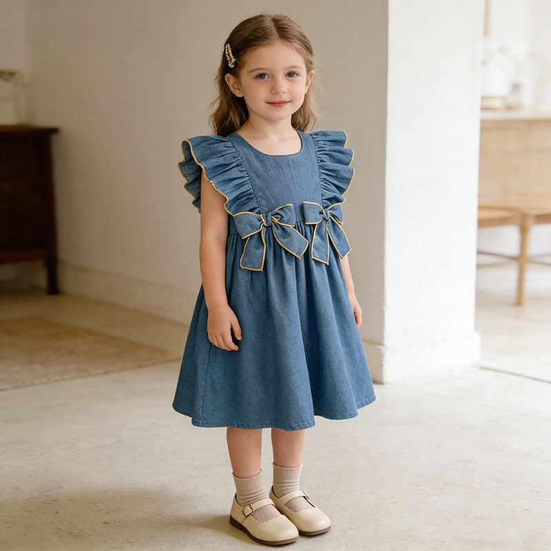 (In Production)Sisters Spring&Summer Bow Denim Ruffle Dress,Romper