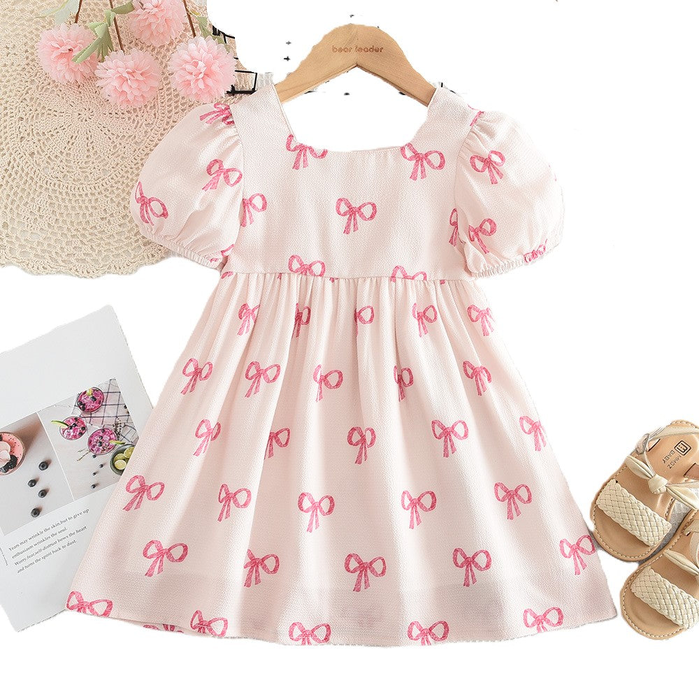 (In Production)Girls Spring and Summer Bow Print Puffed Sleeves Dress