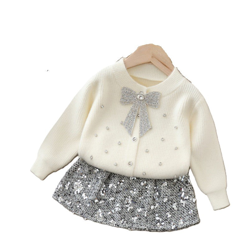 (In Production)Girls Fall&Winter Cardigan Sequin Skirt Set