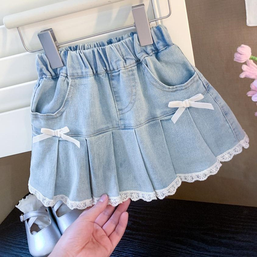(In Production)Girls Spring&Summer Bow Lace Denim Pleated Skirt