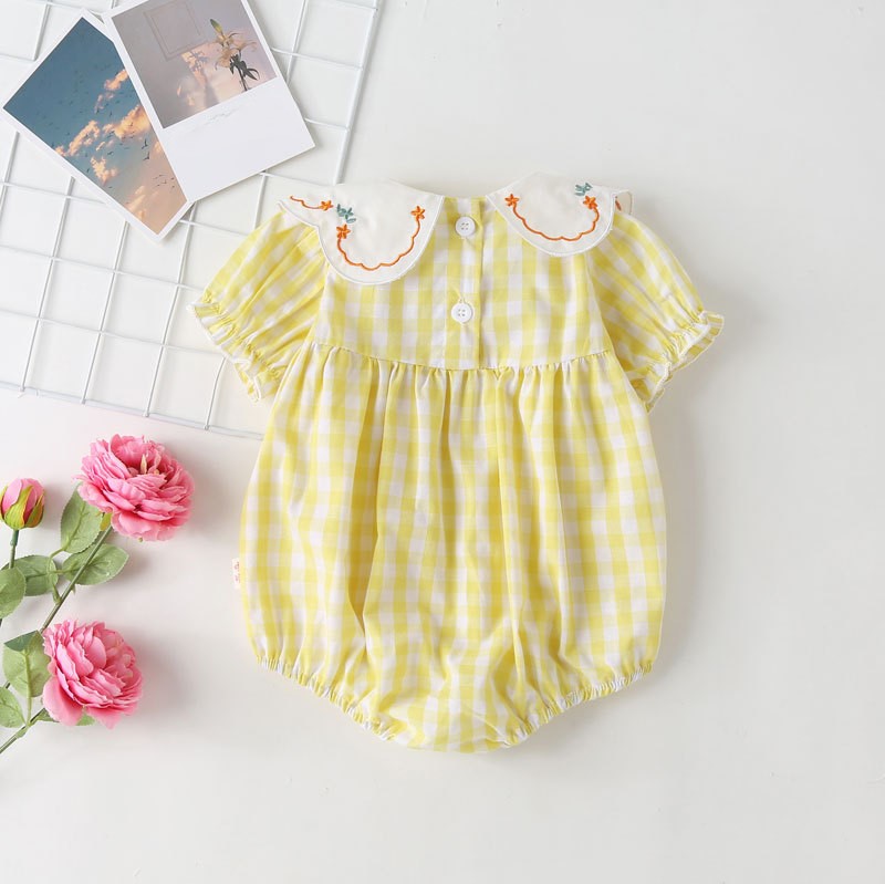 (In Production)Toddler Girls Spring&Summer Embroidery Yellow Plaid Romper