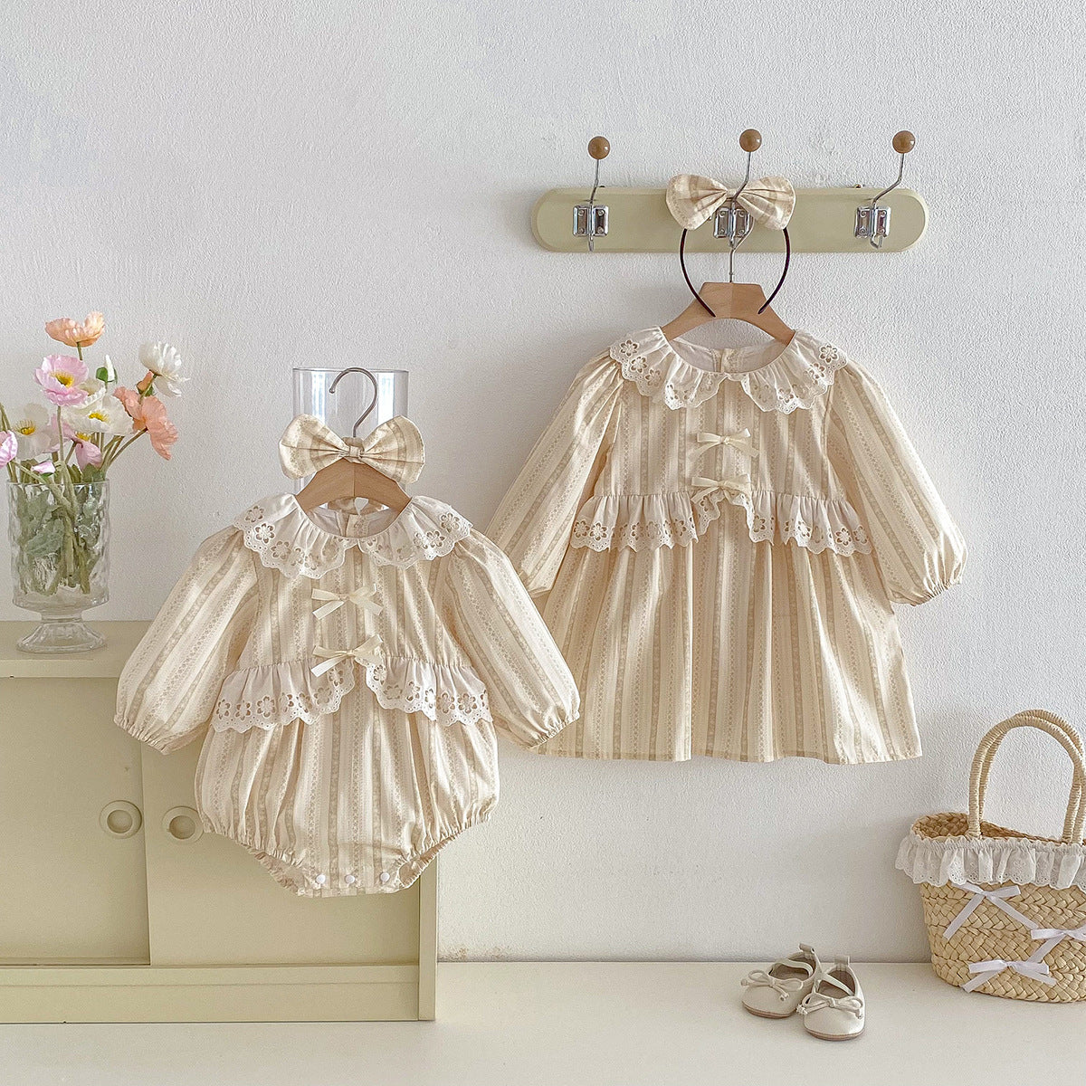 (In Production)Sisters Baby Lace Collar Ruffle Dress&Romper