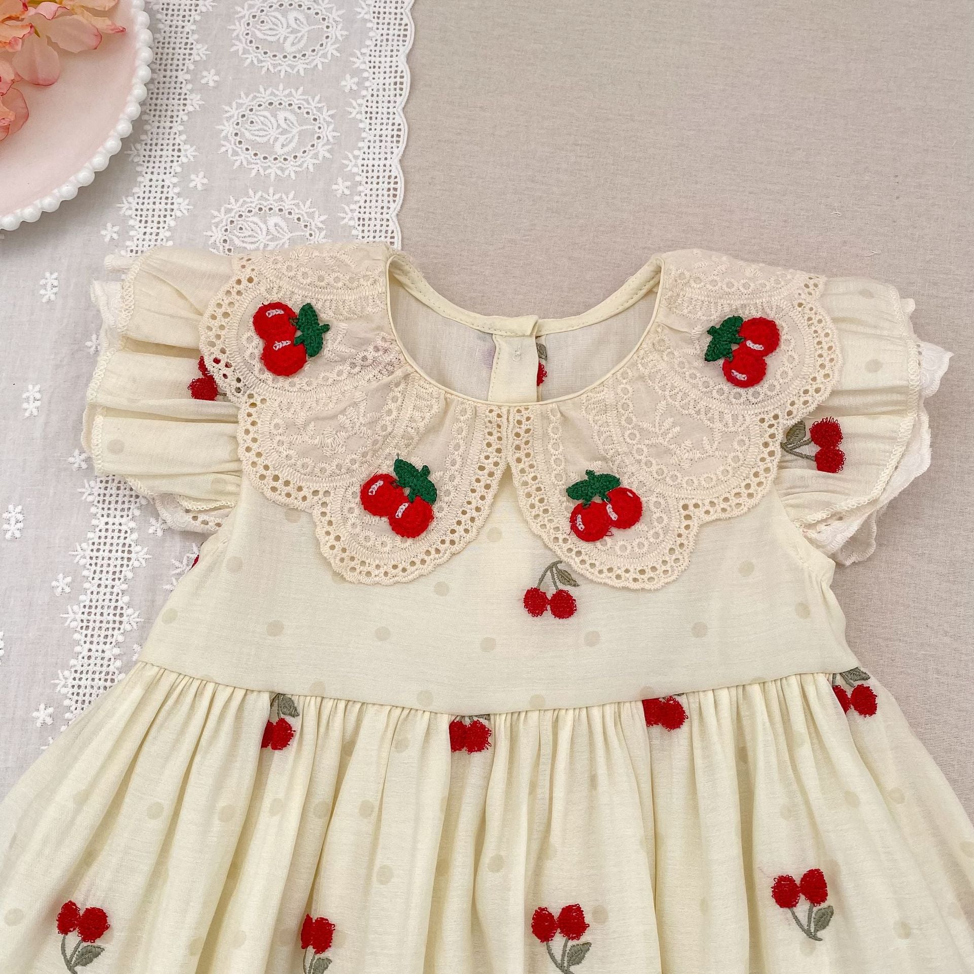 (In Production)Sisters Summer Cherry Embroidery Dress&Romper