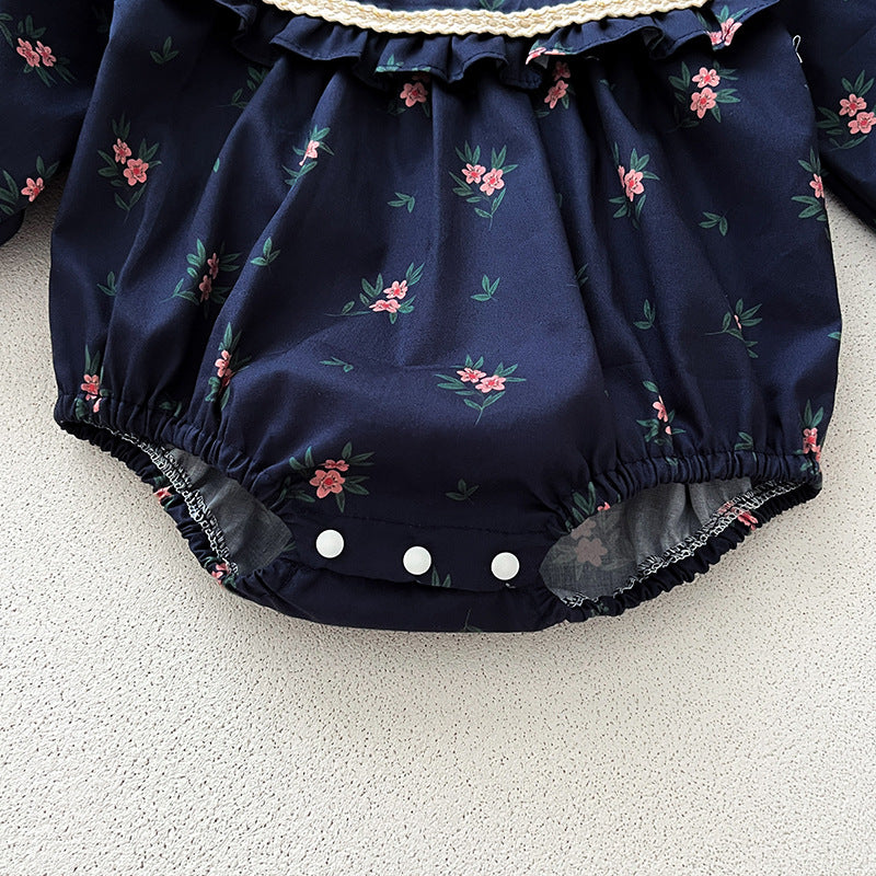 (In Production)Sisters Fall Navy Floral Print Dress&Romper