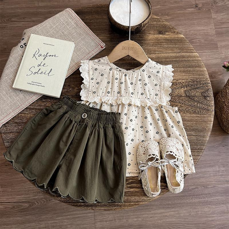 (In Production)Girls Spring&Summer Ruffle Scallop Embroidery Shorts Set