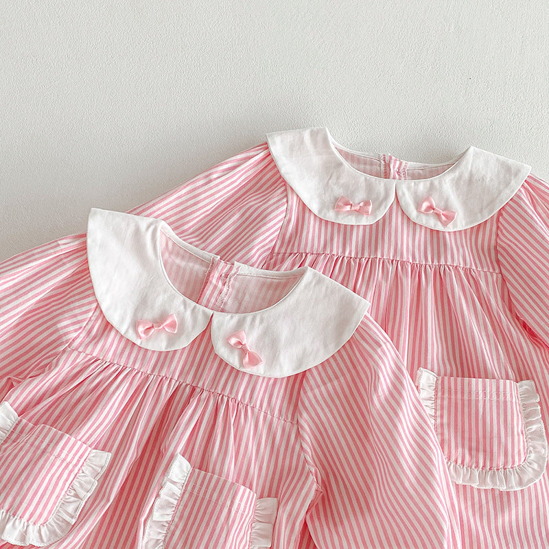 (In Production)Sisters Fall Pink Stripe Dress&Romper with Pockets
