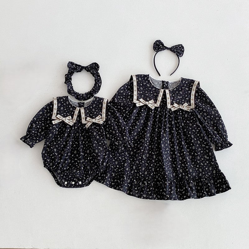 (In Production)Sisters Fall&Winter Floral Print Dress,Romper