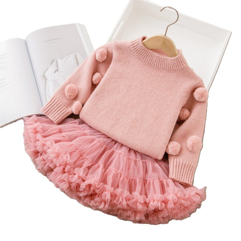 (In Production)Girls Fall&Winter Cozy Sweater Tulle Skirt Set