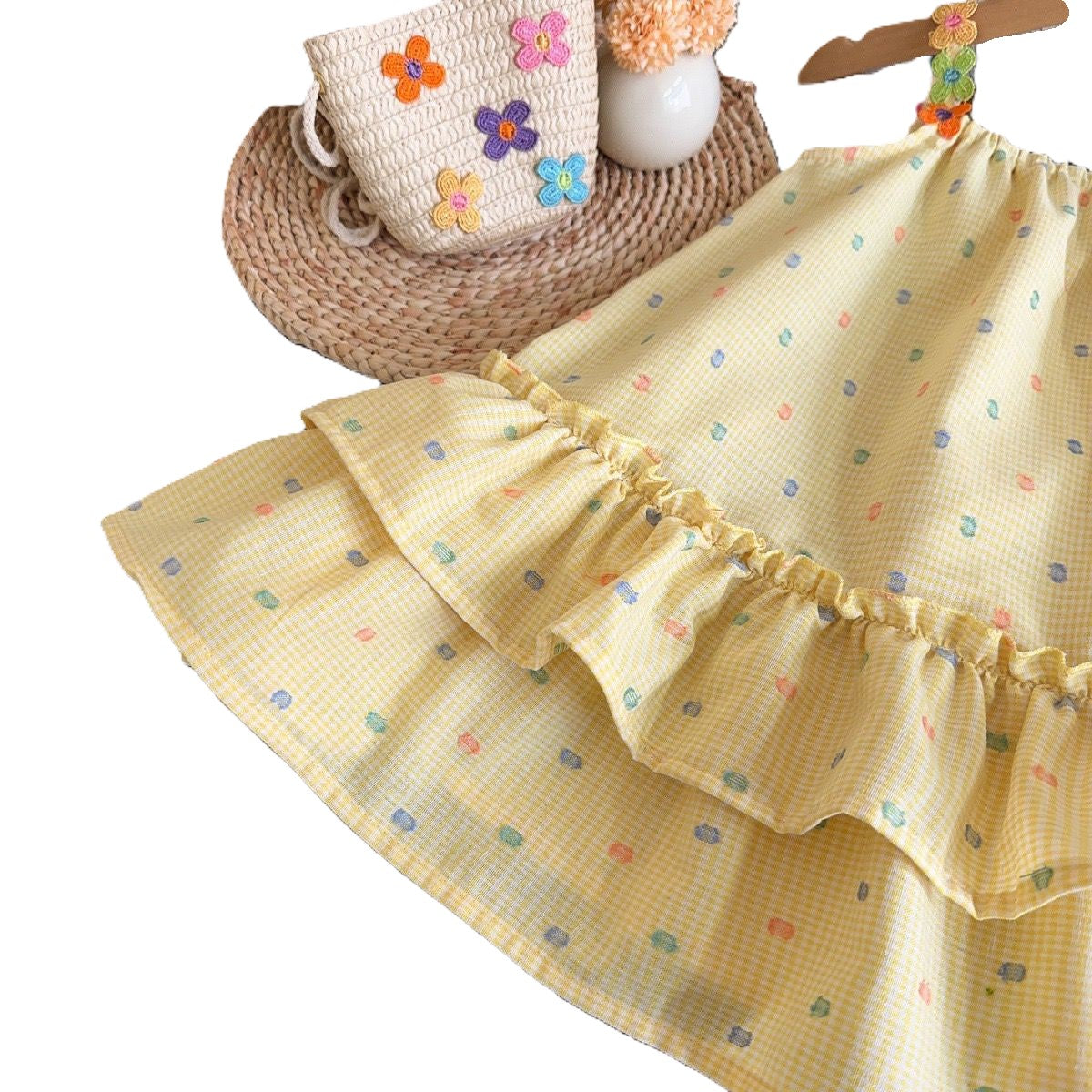 (Pre Order)Girls Spring and Summer Colorful Polka Dot Yellow Slip Dress with Bag