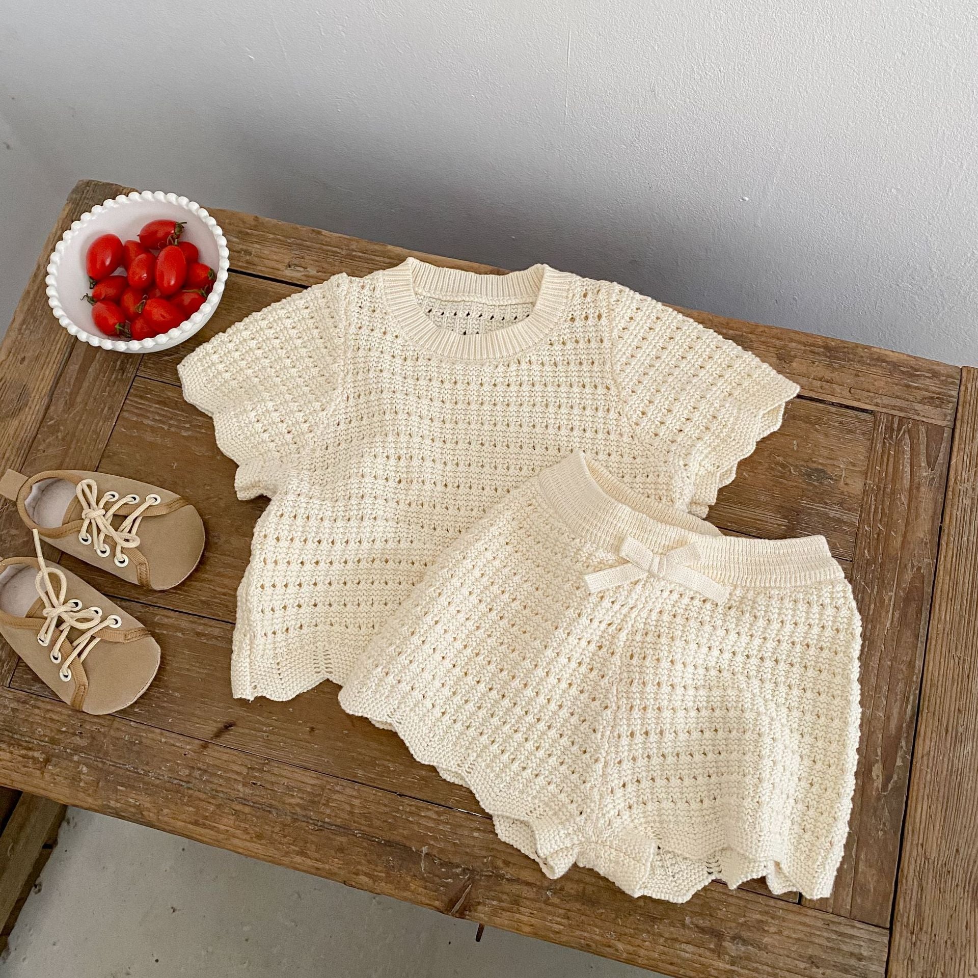 (In Production)Girls Spring&Summer Knitted Scallop Shorts Set