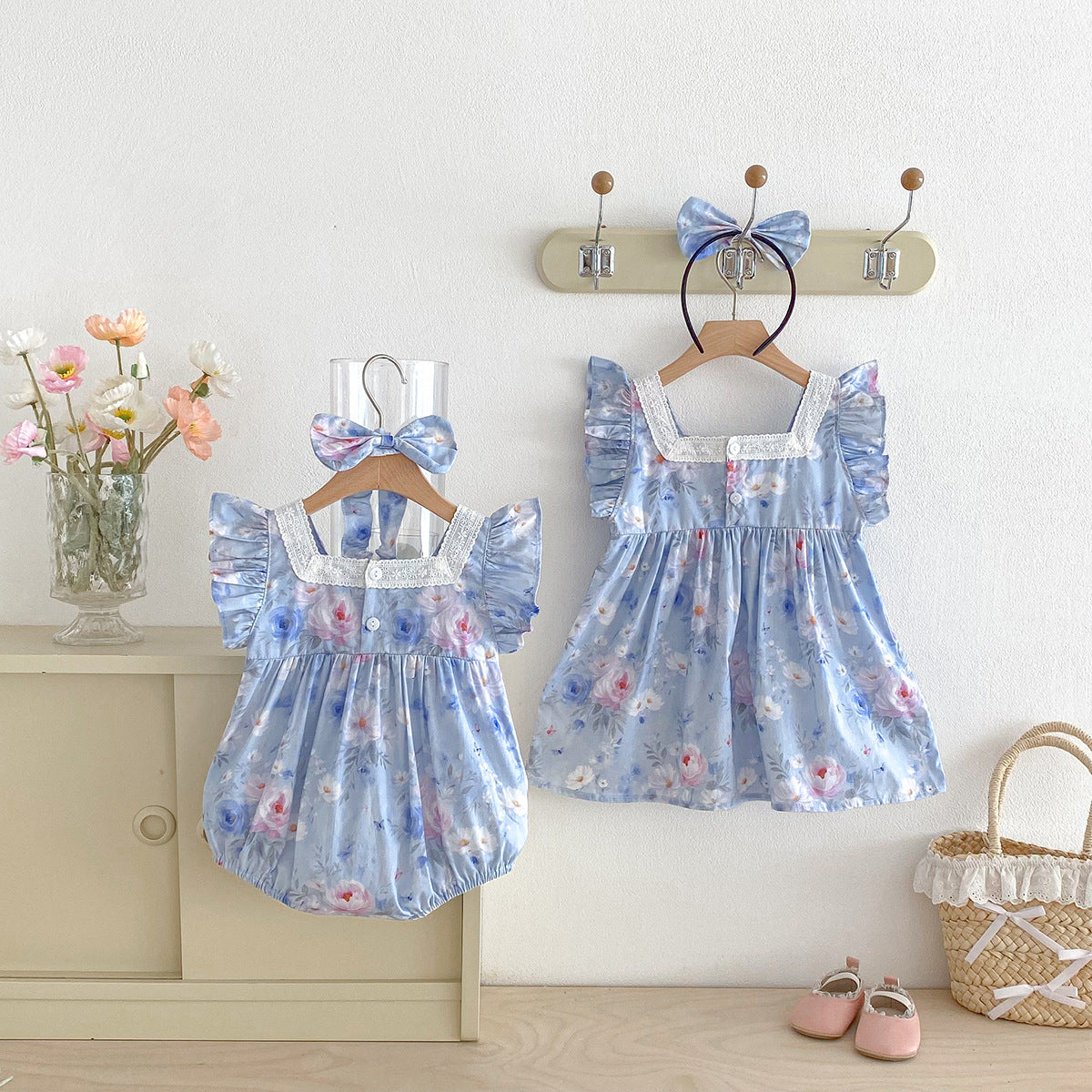 (In Production)Sisters Spring&Summer Floral Print Lace Ruffle Dress,Romper