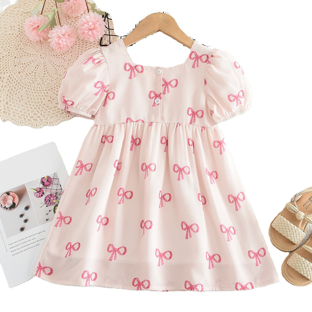(In Production)Girls Spring and Summer Bow Print Puffed Sleeves Dress