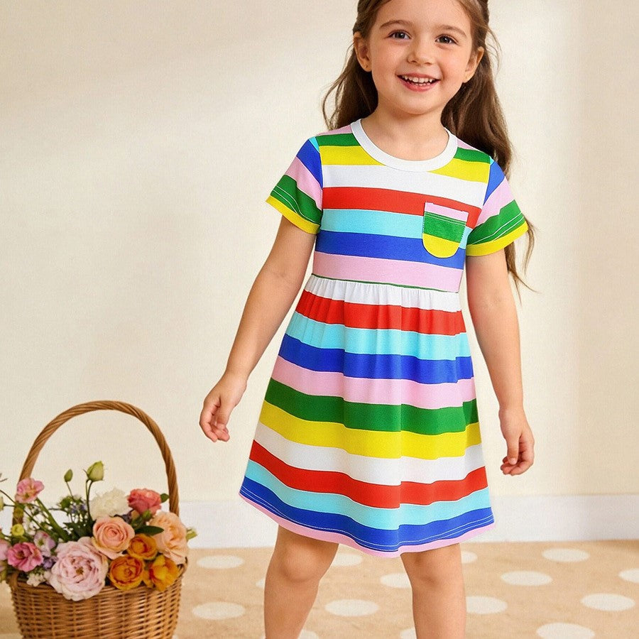 (In Production)Girls Spring&Summer Rainbow Stripe Cotton Dress