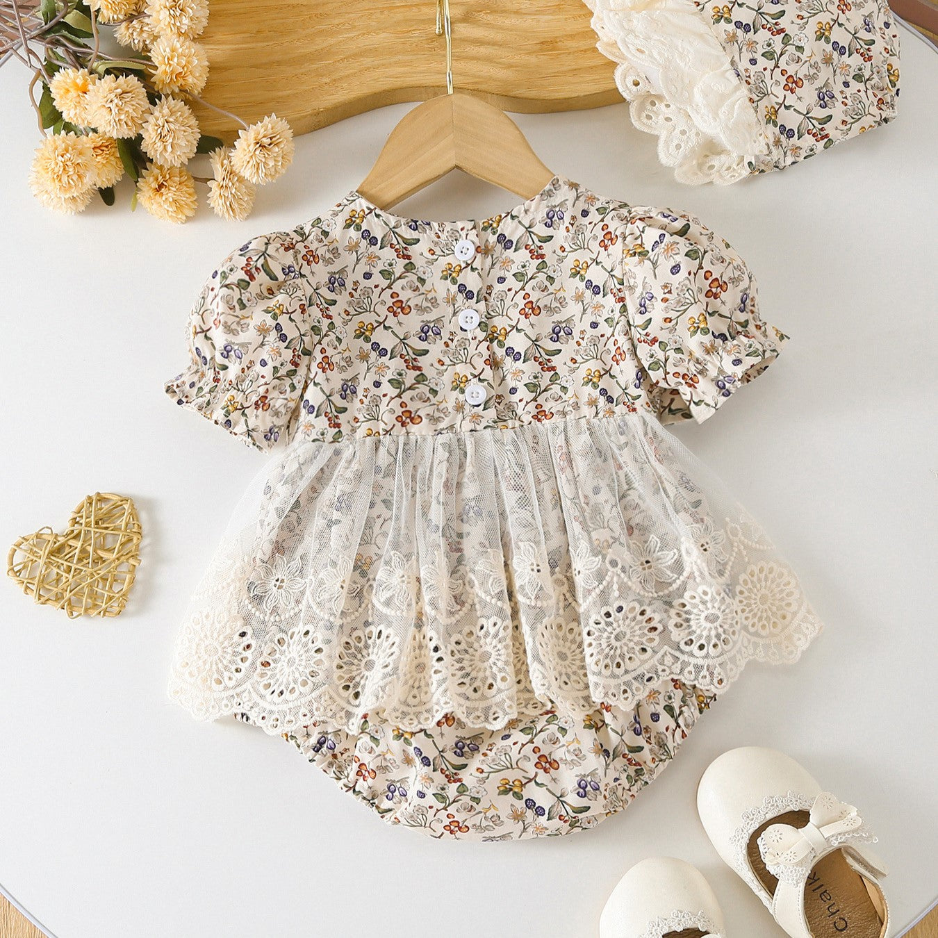 (In Production)Toddler Girls Spring&Summer Floral Print Lace Romper