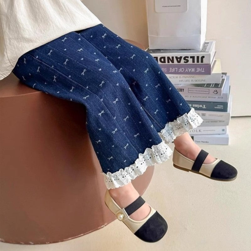(In Production)Girls Spring&Summer Bow Print Lace Jeans