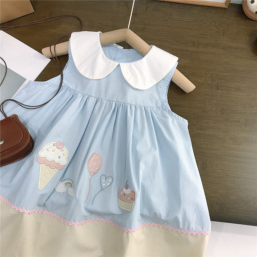 (In Production)Girls Summer Ice Cream Applique Doll Collar Dress