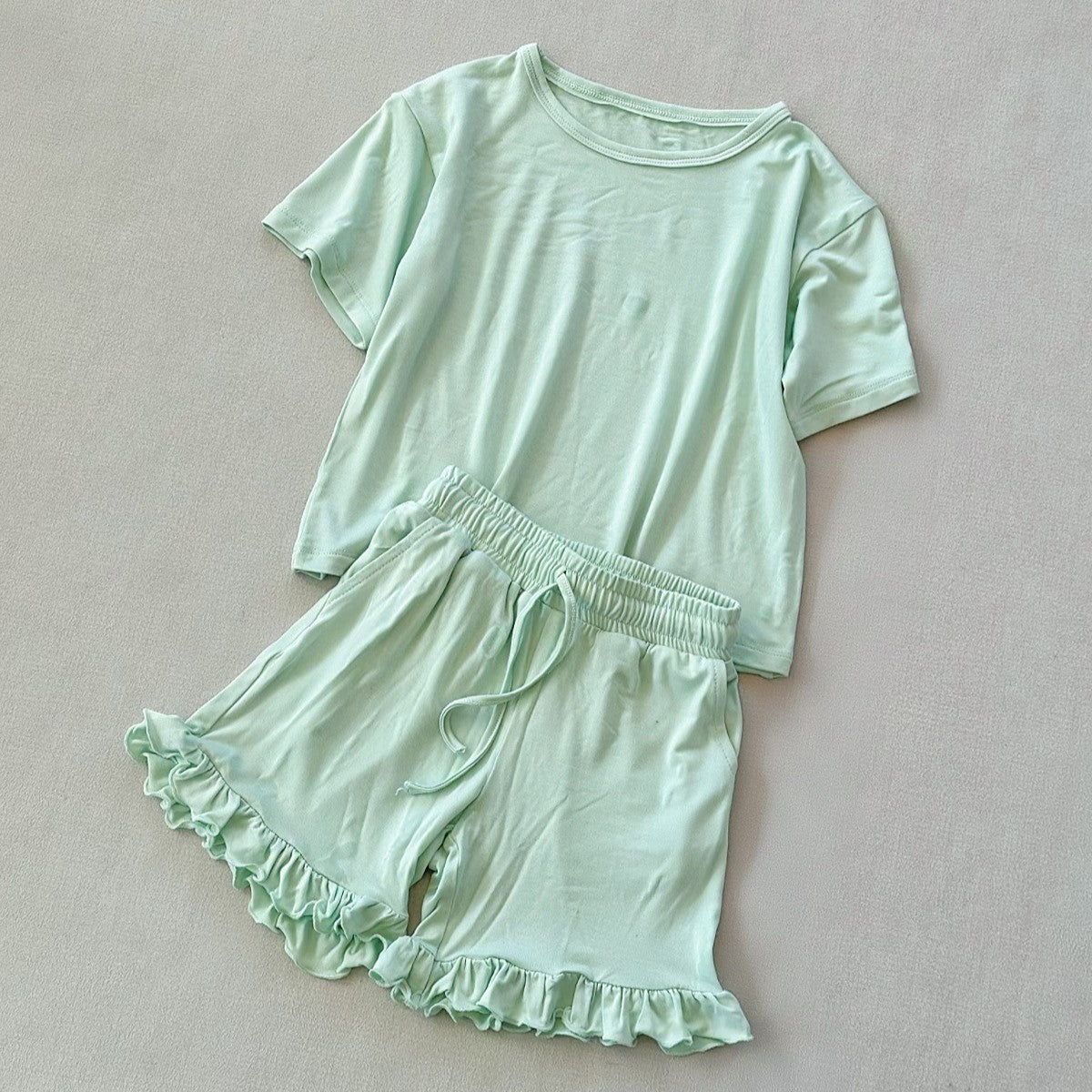 (In Production)Girls Spring&Summer Solid Color Ruffle Short Set